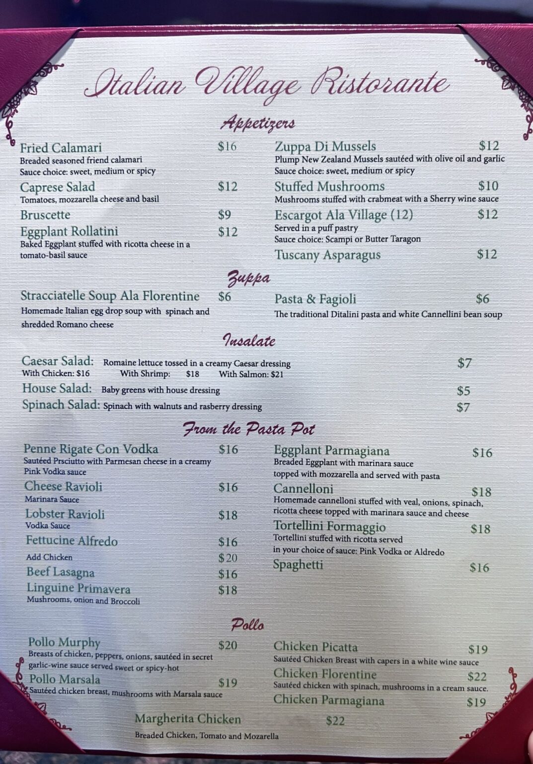 Italian Village Ristorante Menu – Midland Menus